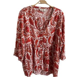 Cynthia Rowley Womens Plus 1X‎ Linen Blend Paisley Button Front Tunic Top Shirt